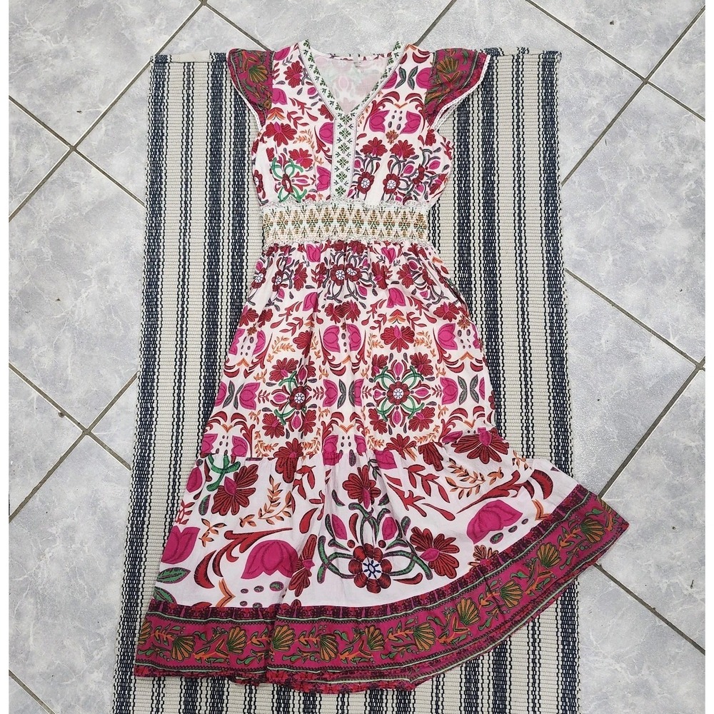 Kaktus Dress Womens M Pink Floral Boho Tiered Smocked Flutter Sleeve Long Midi